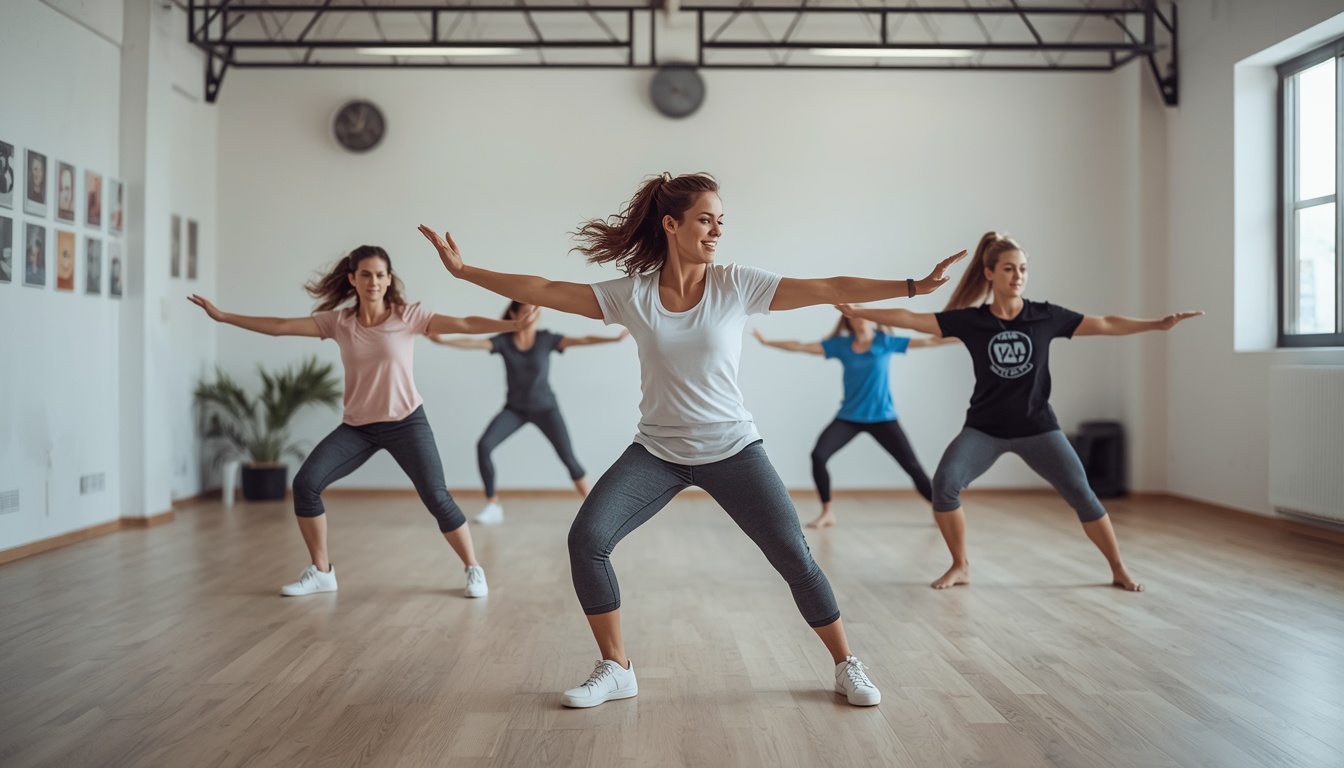 Small group practicing coordinated movement indoors